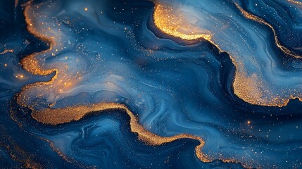 Leinwandbilder - An abstract painting with dynamic blue and gold waves displaying rich colors and fluid patterns for creative inspiration.