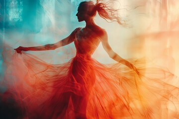 Leinwandbilder - Abstract watercolor patterns in soft pastels of a dancer's silhouette in a dynamic pose