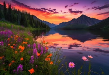 serene lake landscape featuring vivid sunset reflections clear sky gentle water surface, nature, view, evening, clouds, colors, scenery, light, beauty