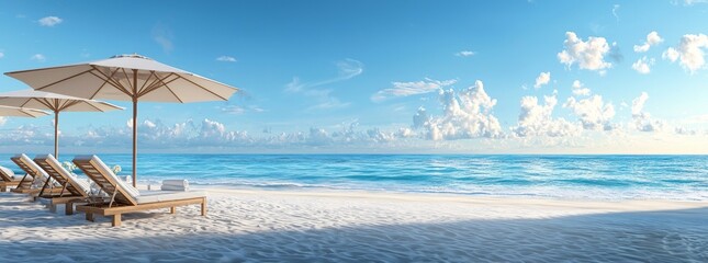Poster - There are two wooden lounge chairs or easy chairs on an empty sunny sand beach, cast in shadow by two umbrellas