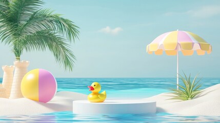 Poster - A 3D rendered scene of the podium displays displayed on a summer sea background with a unicorn inflatable ring, a duck, a beach ball, and an umbrella.