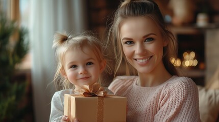 a mother and daughter share a happy moment with a gift box during a cozy indoor gathering