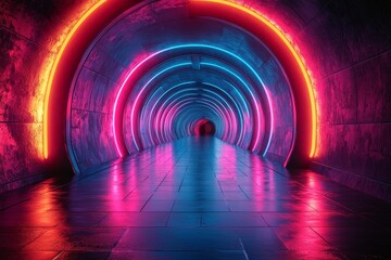 Poster - Creating a futuristic and dynamic visual experience, this abstract geometric tunnel features neon colors.