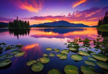 serene sunset over peaceful lake showcasing vibrant reflections tranquil waters surrounded lush greenery, nature, landscape, sky, clouds, colors, evening