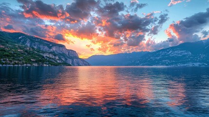 Wall Mural - The reflection of the sea water on golden orange sky makes for a beautiful sunset landscape.