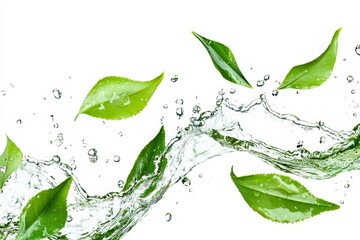 Canvas Print - Isolated on a white background are swirls of liquid waves and bubbles and green leaves for rehydration.