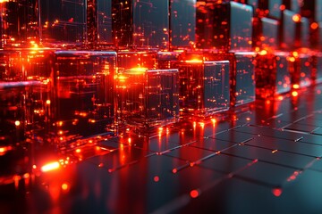 Leinwandbilder - Dynamic red lighting creates depth and dimension in this elegant 3D visualization of blue geometric cubes,