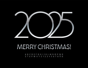 Wall Mural - Vector elite poster Merry Christmas 2025! Elegant Silver Font. Slim Metallic Alphabet Letters and Numbers set.