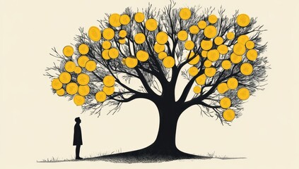 A tree with coins growing on it, and in the background is an adult standing under the money trees with yellow and black colors Generative AI