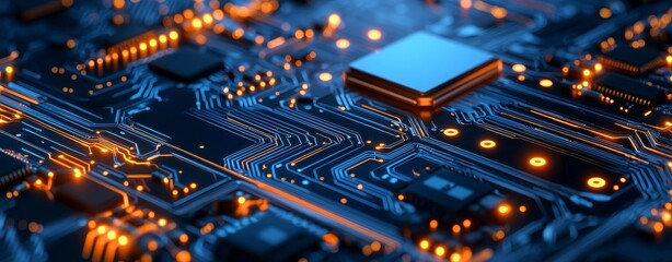 Blue circuit board background with bokeh lights. Digital concept banner on dark background with modern technology