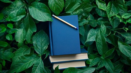 Aufkleber - A wooden table against a background of green leaves of plants holds school supplies. From the side.