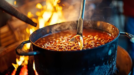 An open fire simmers beans surrounded by logs, creating steam and inviting warmth.