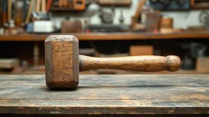 Vintage Wooden Mallet on a Workbench