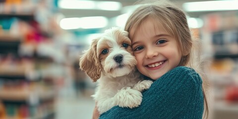 A joyful girl embraces a cute puppy in a pet store, capturing a beautiful bond of love and friendship.