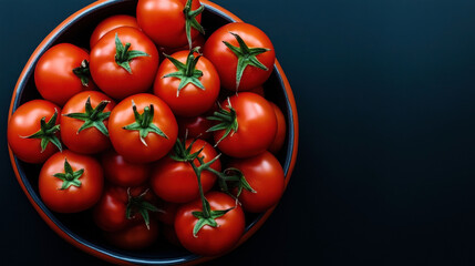 Wall Mural - Top view of a bowl filled with fresh, red tomatoes on the vine against a dark background, highlighting their vibrant color and green stems.