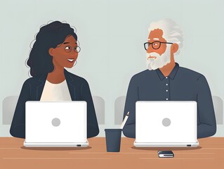 Smiling businesswoman and businessman working together at office desk with laptops, discussing business strategy