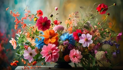 Dreamy artistic background featuring a vibrant bouquet of colorful flowers perfect for nature and garden themes in stock photography