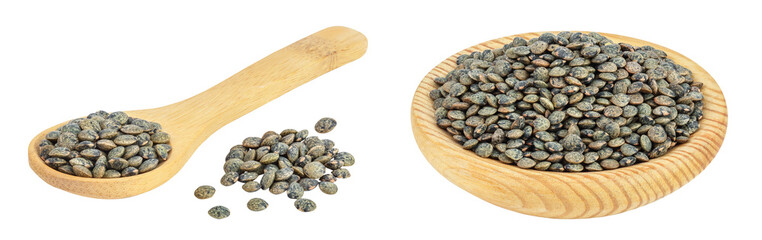 Wall Mural - raw french green lentils in wooden bowl and spoon isolated on white background with full depth of field