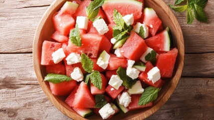 A top-down shot of a refreshing watermelon and feta salad with mint leaves, perfect for a light and cooling summer meal.