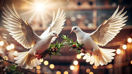 Two Floating Doves with Olive Branches Isolated on White Background Symbolizing Peace and Freedom for Human Rights Day Concept