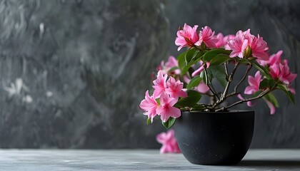 Wall Mural - Vibrant pink flowers in an elegant black pot atop a concrete surface with blurred green foliage and a textured dark backdrop