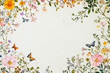 A beautiful vintage floral border with small butterflies and vines on white paper