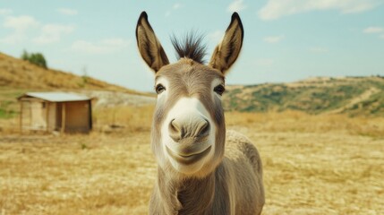 Canvas Print - A donkey standing in a field with grass and hills behind it, AI