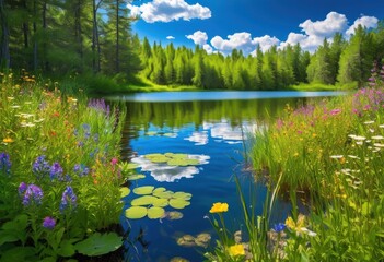 tranquil lake mirroring lush greenery colorful natural scenery under clear sky, water, reflection, landscape, nature, trees, clouds, outdoor, serene