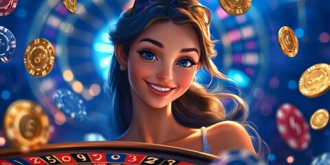 casino background with a beautiful woman in the center, smiling.