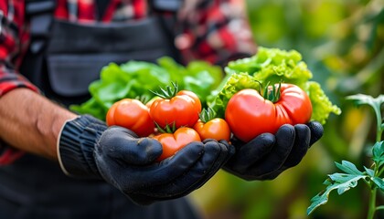 Organic farmer showcasing freshly harvested tomatoes and lettuce, emphasizing healthy eating with vibrant produce

