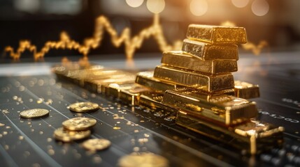 Stack of gold bars with stock market chart in the background.