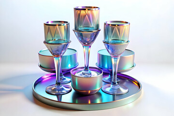 3D Holographic Champagne Flute Tower - Medium Shot of Glowing Glasses with Intricate Patterns on White Background, Iconic Design with Copy Space