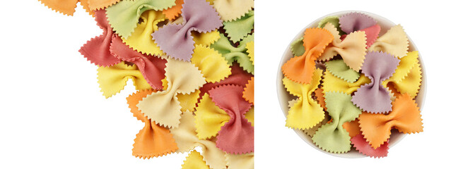 Poster - colorful farfalle pasta isolated on white background with full depth of field. Top view. Flat lay.