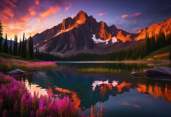 vibrant sunset reflecting calm mountain lake surrounded majestic peaks lush greenery, reflection, colors, nature, sky, clouds, landscape, scenery, horizon