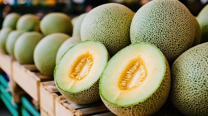 Canvas Print - A bunch of melons are sitting on wooden crates in a store, AI