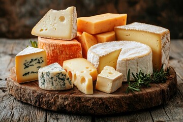 Assortment of cheese on wooden table, closeup. Dairy products. Cheese Selection. Large assortment of international cheese specialities. 