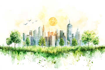 Wall Mural - A city skyline with a large sun in the sky