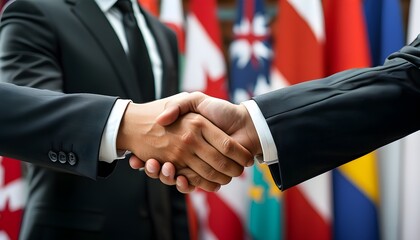 Wall Mural - International cooperation symbolized through a close-up handshake between business professionals with flags representing global unity in the background