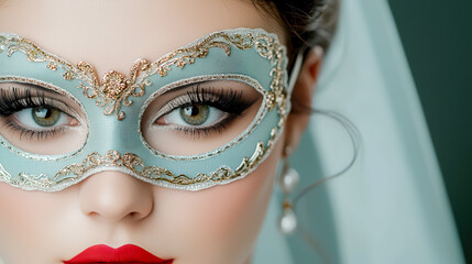 Venetian Carnival Elegance A stunning close-up of a woman wearing an intricate masquerade mask symbolizing mystery beauty and the tradition of hiding one’s identity during the famous Venice Carnival