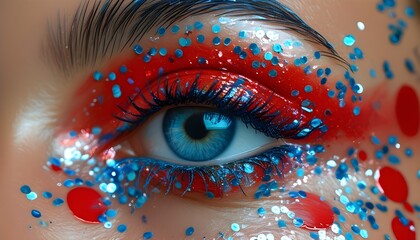 vibrant blue eye adorned with artistic red and blue makeup featuring sparkling glitter and precise b