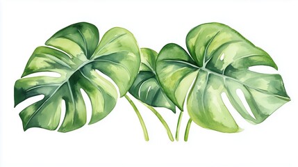 Watercolor monstera leaf art in vibrant green shades, featuring tropical foliage in a decorative design, isolated on a white background.