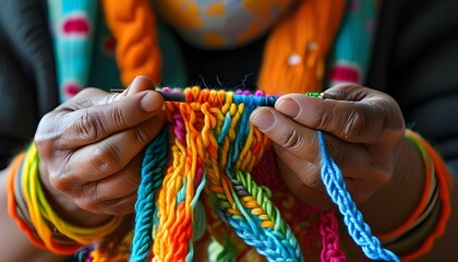 Warm embrace of vibrant yarn in skilled hands, celebrating the intricate art of knitting and the joy of handmade crafts