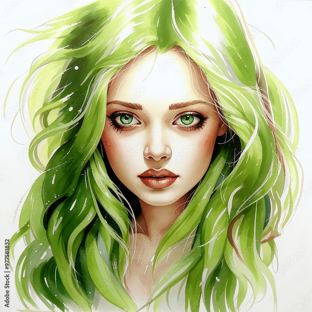 A beautiful, young girl with green eyes and long hair. the woman is ...