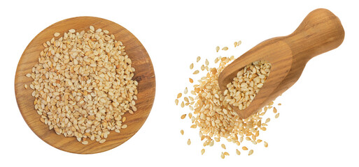 Wall Mural - Sesame seeds in wooden bowl and scoop isolated on white background. Top view. Flat lay