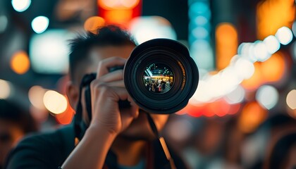 Wall Mural - Dynamic street photography captured through a professional lens, showcasing vibrant lighting and lively moments in a bustling environment