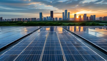 Wall Mural - Rooftop solar panels shining bright against a vibrant cityscape, symbolizing the fusion of renewable energy and urban sustainability.