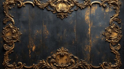 Wall Mural - Ornate gold frame on a distressed dark wood background.