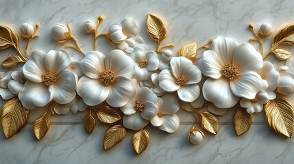 Canvas Print - 3D floral arrangement featuring white flowers and gold leaves.