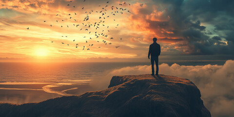 a solitary man stands on a cliff, silhouetted against a vibrant sunset sky, with a flock of birds in