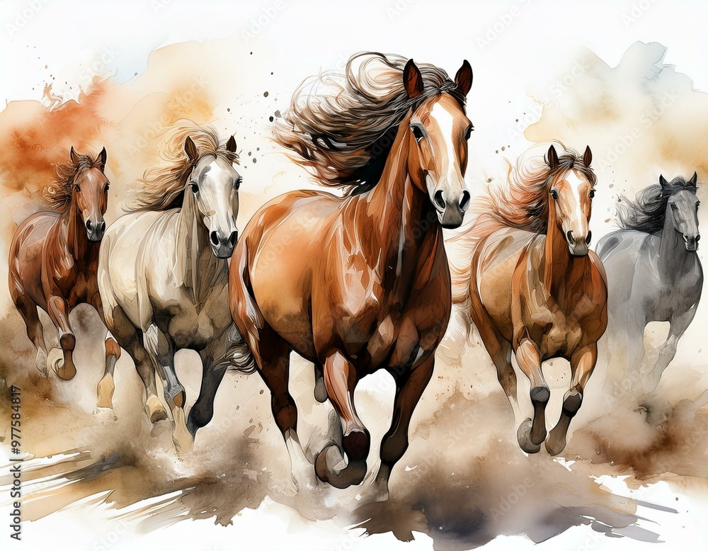 A powerful watercolor illustration of wild horses running together ...
